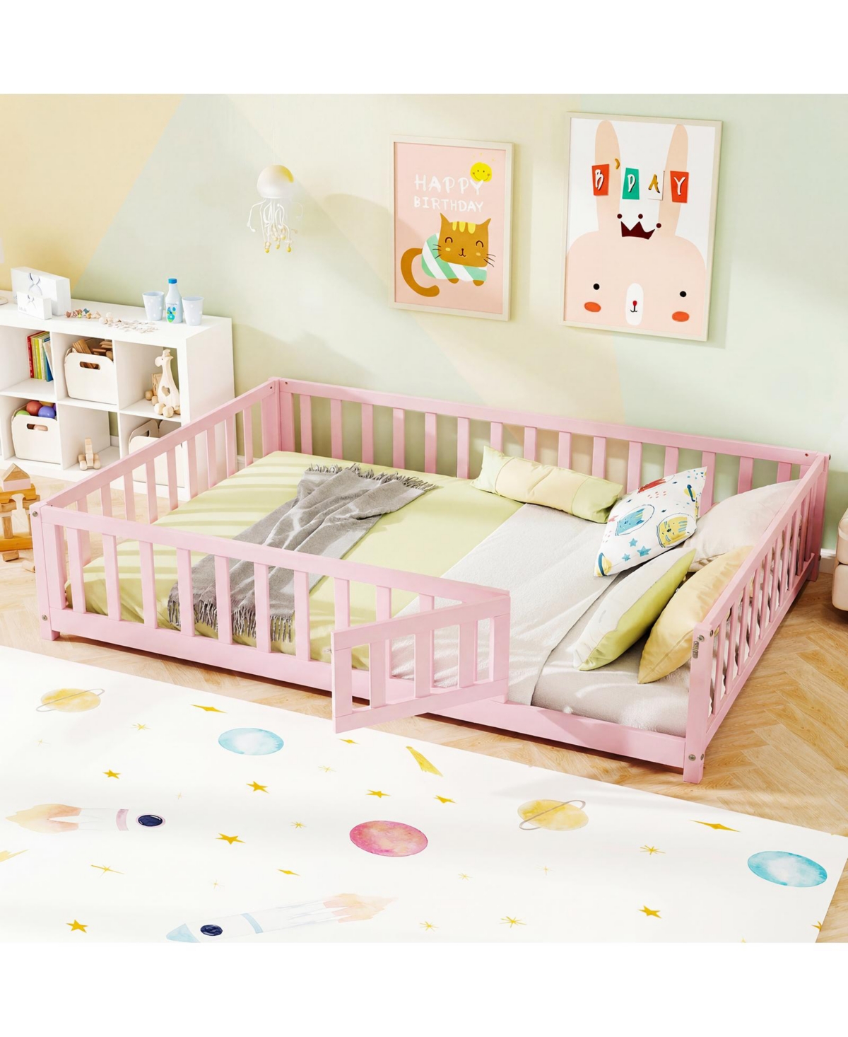 Gymax Full Size Floor Bed Montessori Bed Frame with Full-length Guardrails and Safety Door - Pink