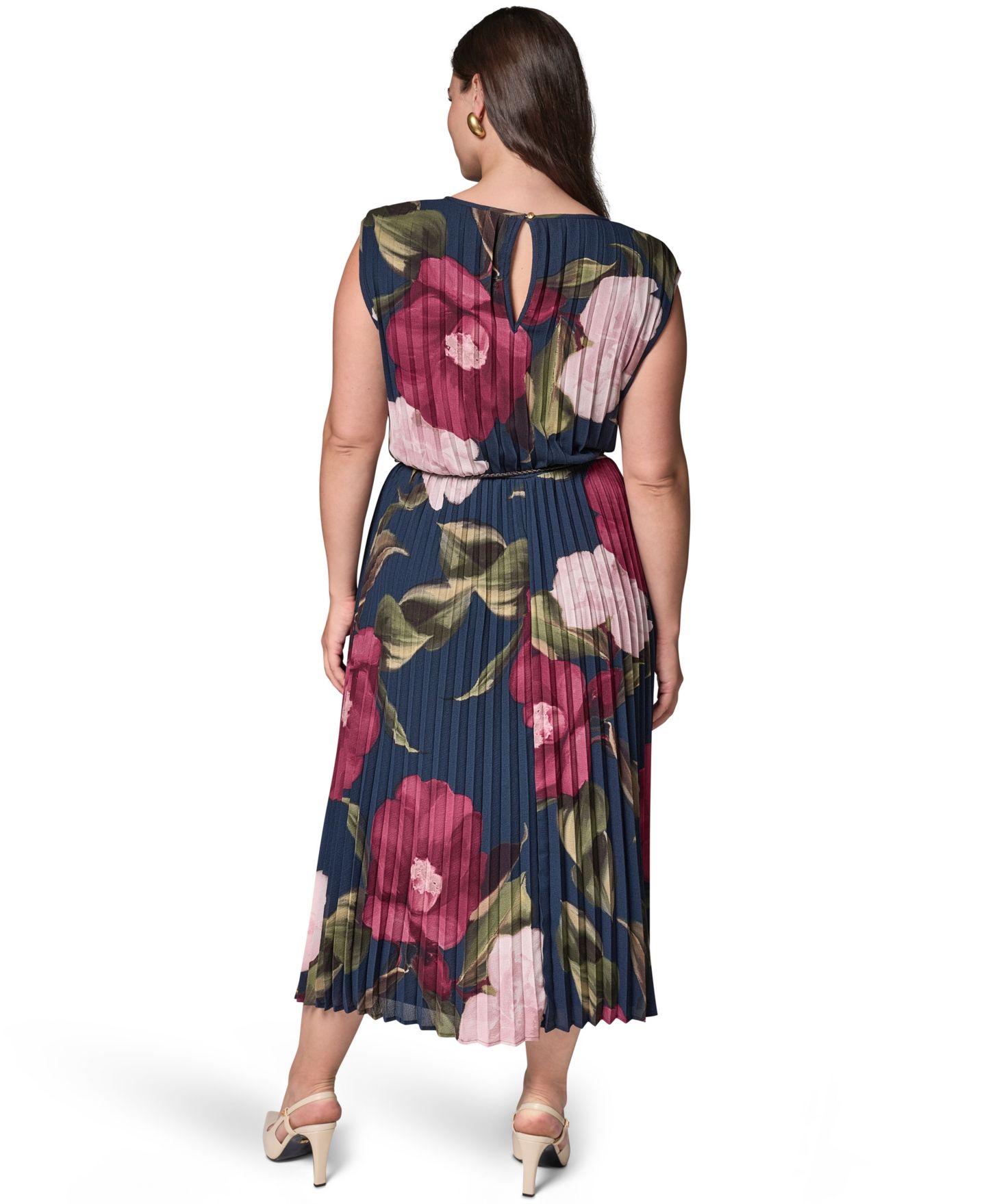 Женское платье Donna Karan New York Plus Cap Sleeve Floral Chiffon A-Line Midi, цвет: Тёмно-синий / Чёрный вишнёвый — фото 4