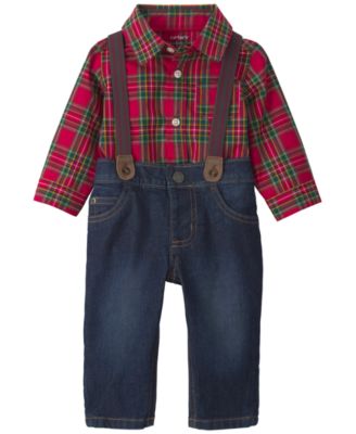 Baby Boys' Plaid Long-Sleeve Bodysuit and Suspender Denim Pants, 2-Piece Set 