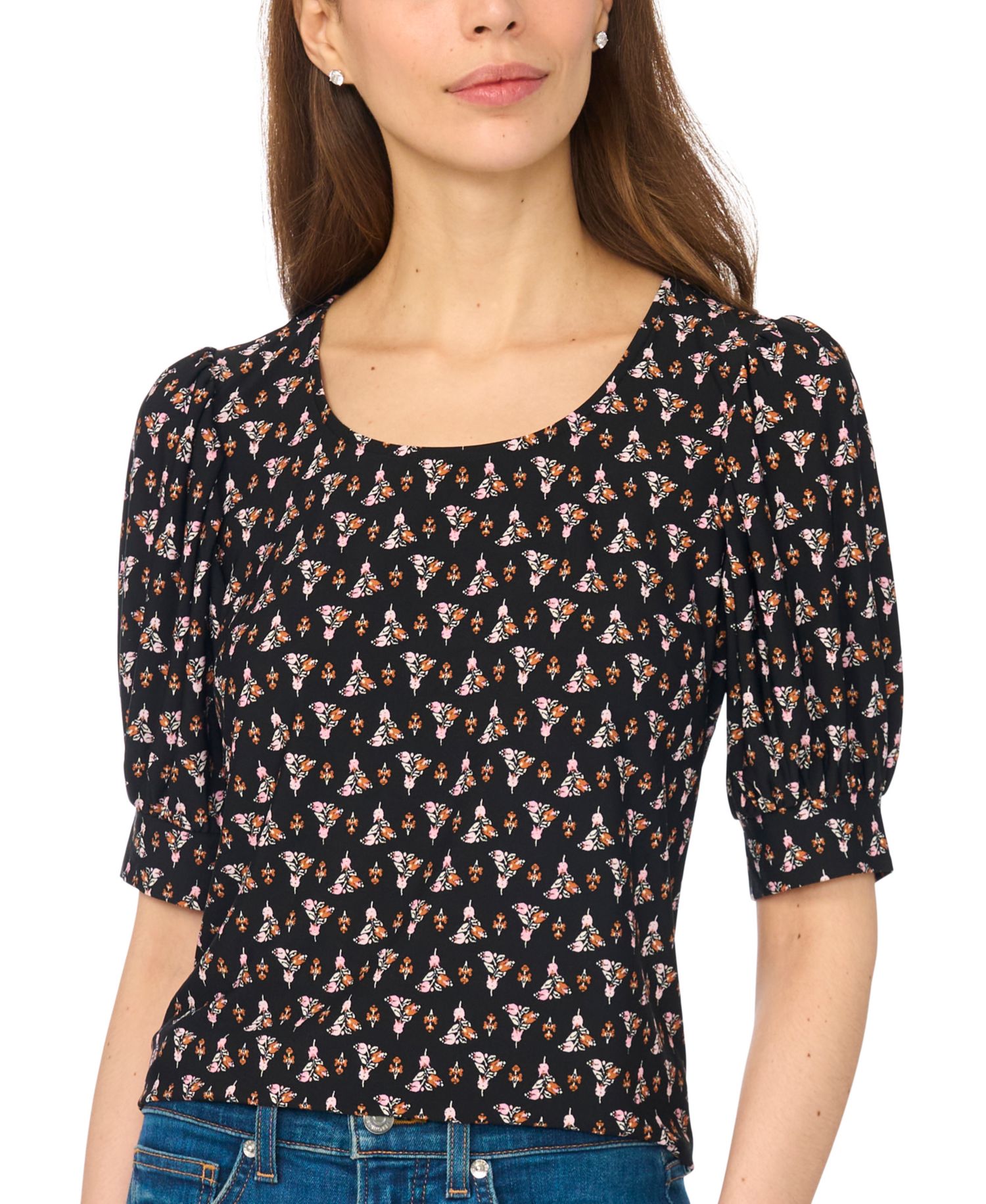 Women's Tulip Crew Neck Shirred Short-Sleeve Blouse
