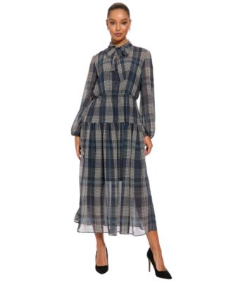 Women's Plaid-Print Midi Tie-Neck Dress