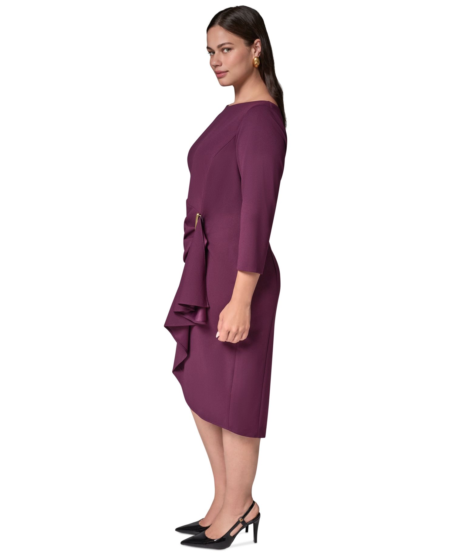 Petite Long-Sleeve Boat-Neck Side Cascade Ruffle Dress