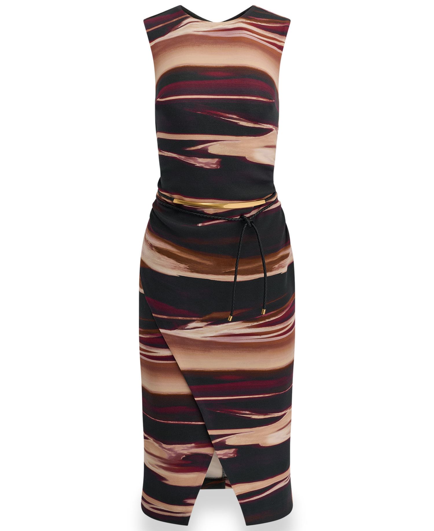 Women's Sleeveless Printed Midi Sheath Dress with Belt