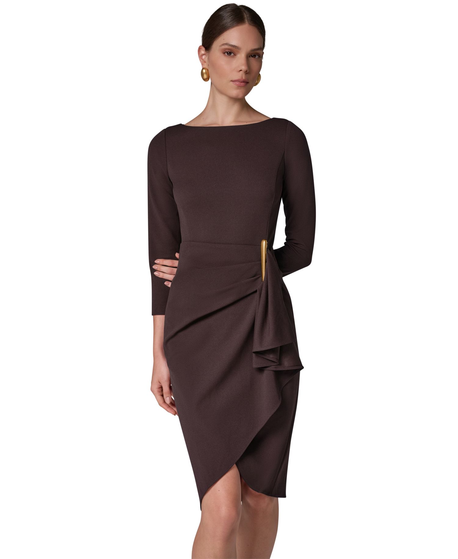 Petite Long-Sleeve Boat-Neck Side Cascade Ruffle Dress