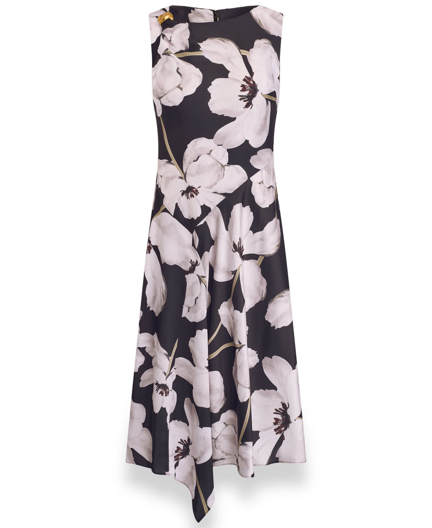 Women's Floral Asymmetrical Hem Boat Neck Midi Dress