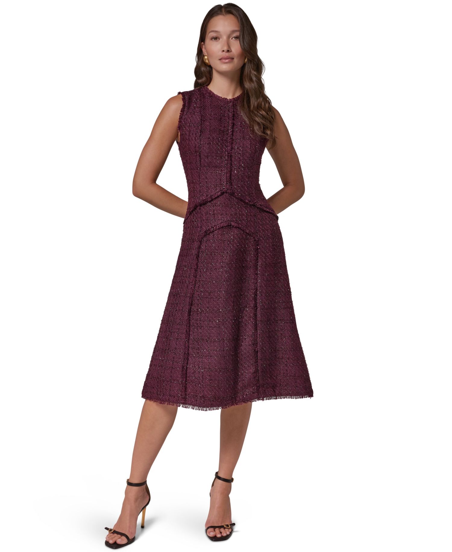 Women's Textured Tweed A-Line Crewneck Midi Dress