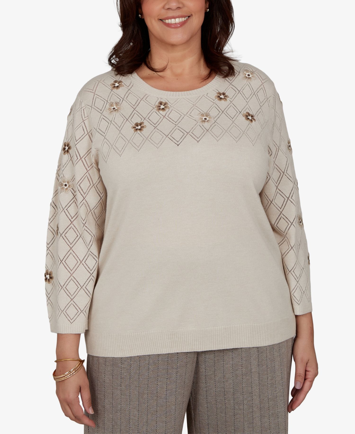 Plus Size 3/4-Sleeve Crewneck Pullover Sweater