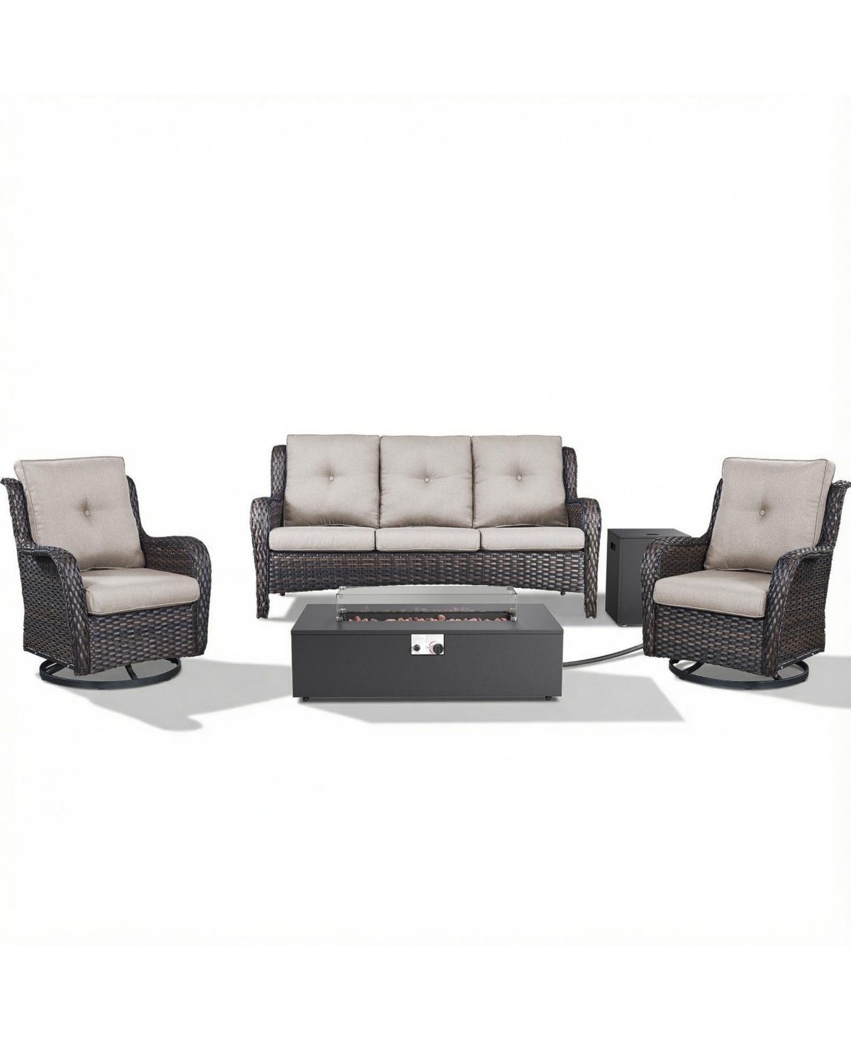 Pocassy 5 Pieces Outdoor Patio Furniture Set with Fire Pit Table Kits, Rattan Wicker Sectional Swivel Rocker Chairs Sets