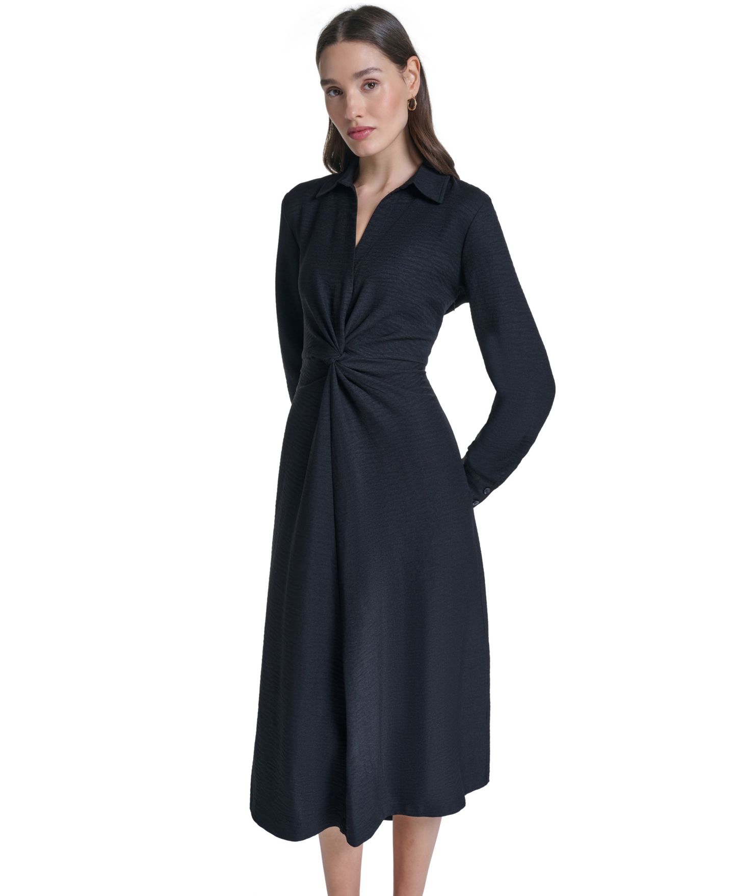 Женское платье Calvin Klein Collared V-Neck Front-Twist Midi, цвет: Чёрный — фото 2