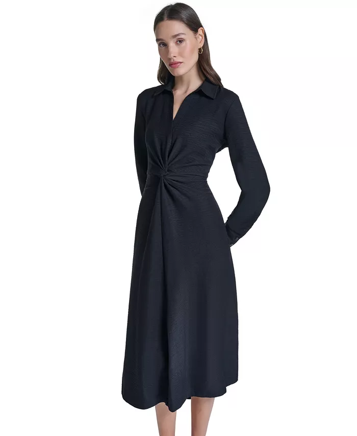 Women's Collared V-Neck Front-Twist Midi Dress - thumbnail 2
