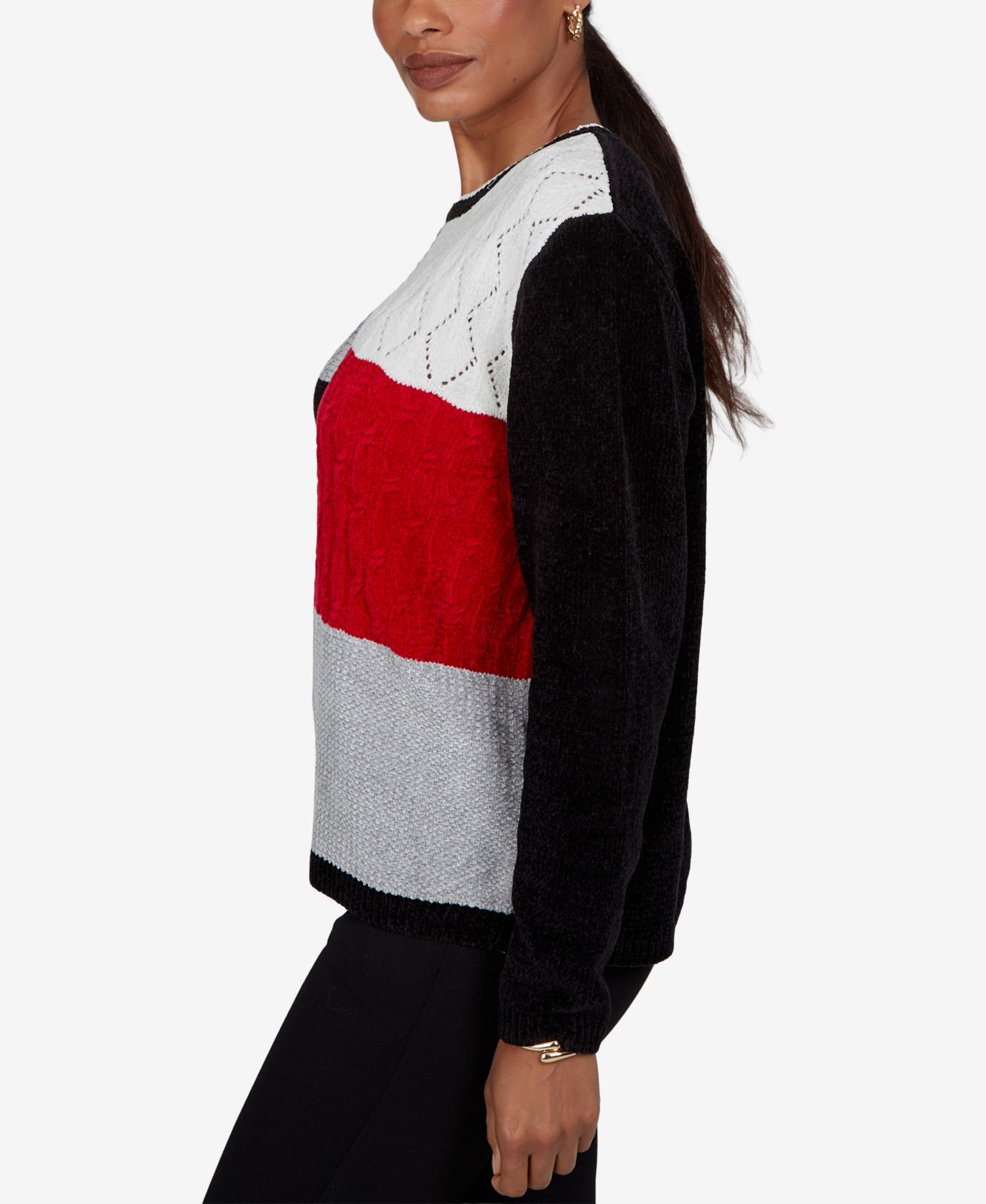 Women's Petite Colorblock Cable-Knit Long-Sleeve Crewneck Pullover