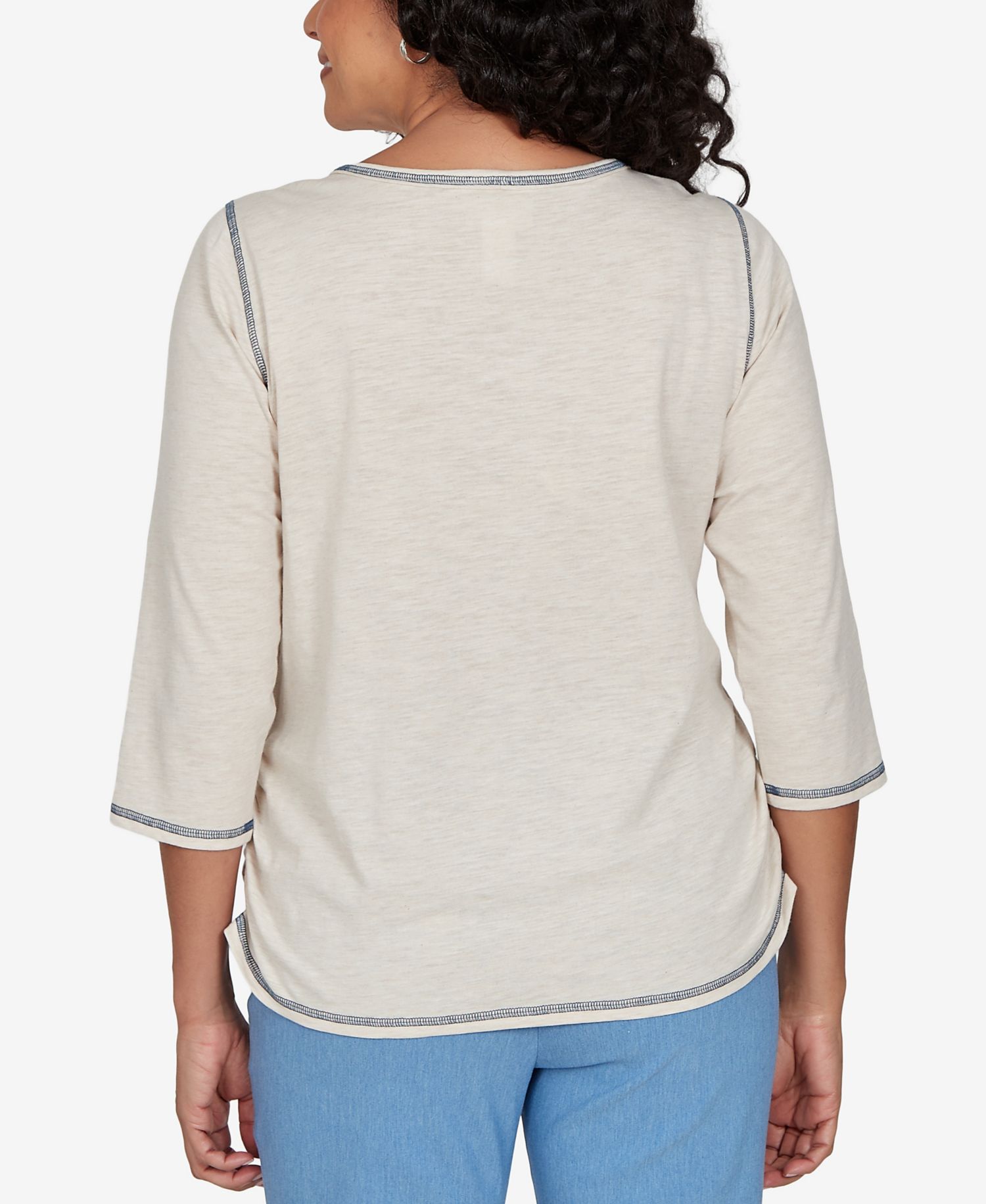 Petite Sunflower-Embroidery Crewneck 3/4-Sleeve Cotton-Blend T-Shirt
