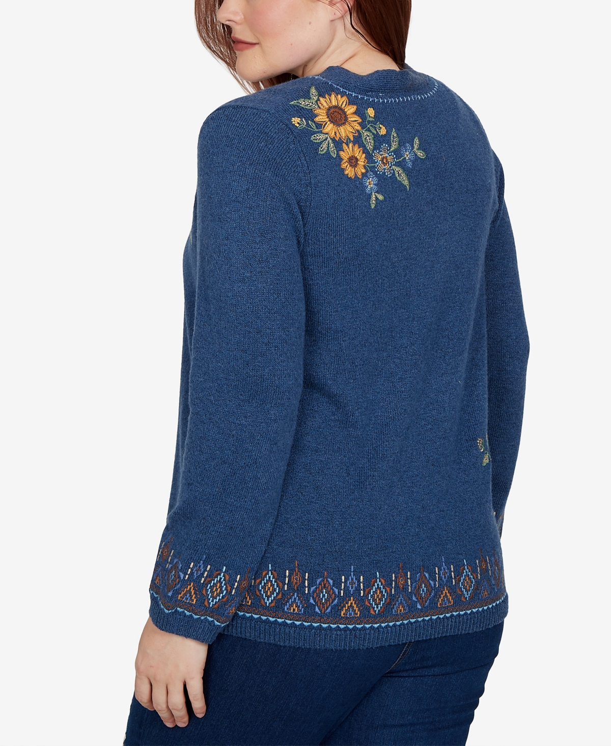 Alfred Dunner Petite V-Neck Long-Sleeve Floral Embroidery Cotton-Blend Cardigan