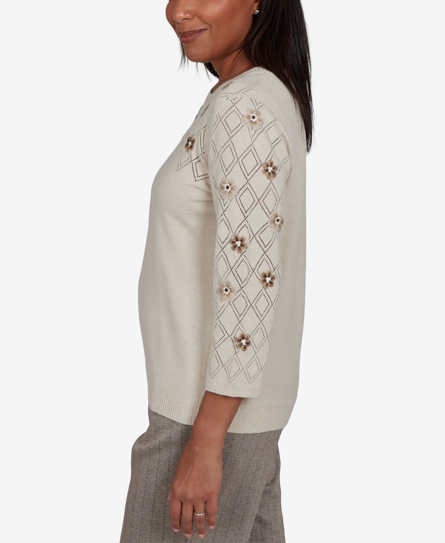 Petite Pointelle Floral Embroidery with Bead Pullover Sweater