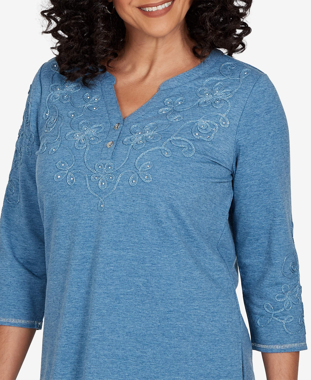 Alfred Dunner Petite 3/4-Sleeve Side-Slit Henley T-Shirt