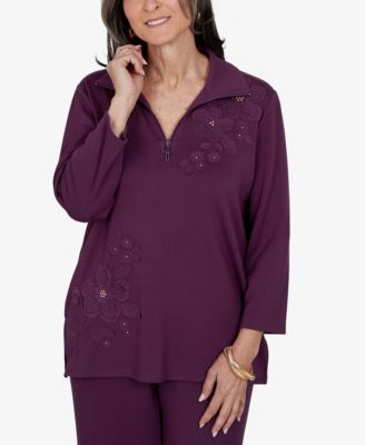 Petite 3/4-Sleeve Floral-Applique Knit Top