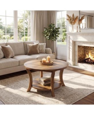 31.5 Round Solid Wood Coffee Table: 2-tier storage shelf with curved legs. Farmhouse center table for living room