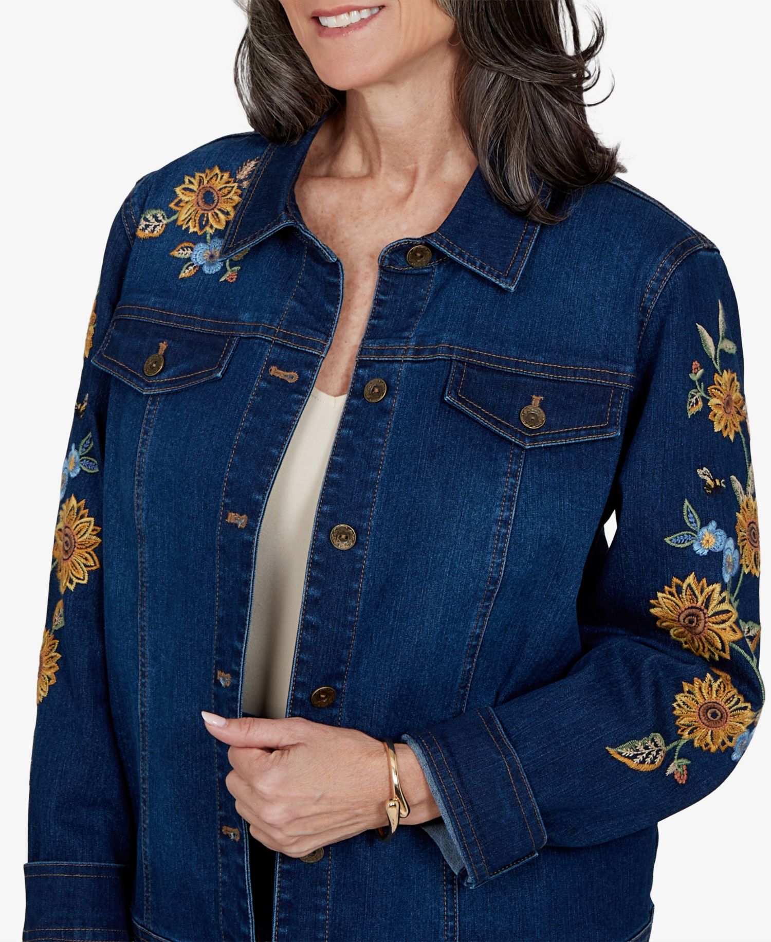 Women's Denim Floral-Embroidered Short Jacket
