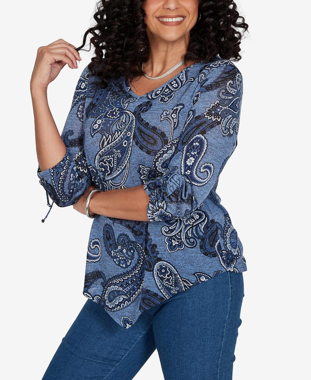 Alfred Dunner Women's V-Neck 3/4-Sleeve Asymmetrical-Hem Knit Top