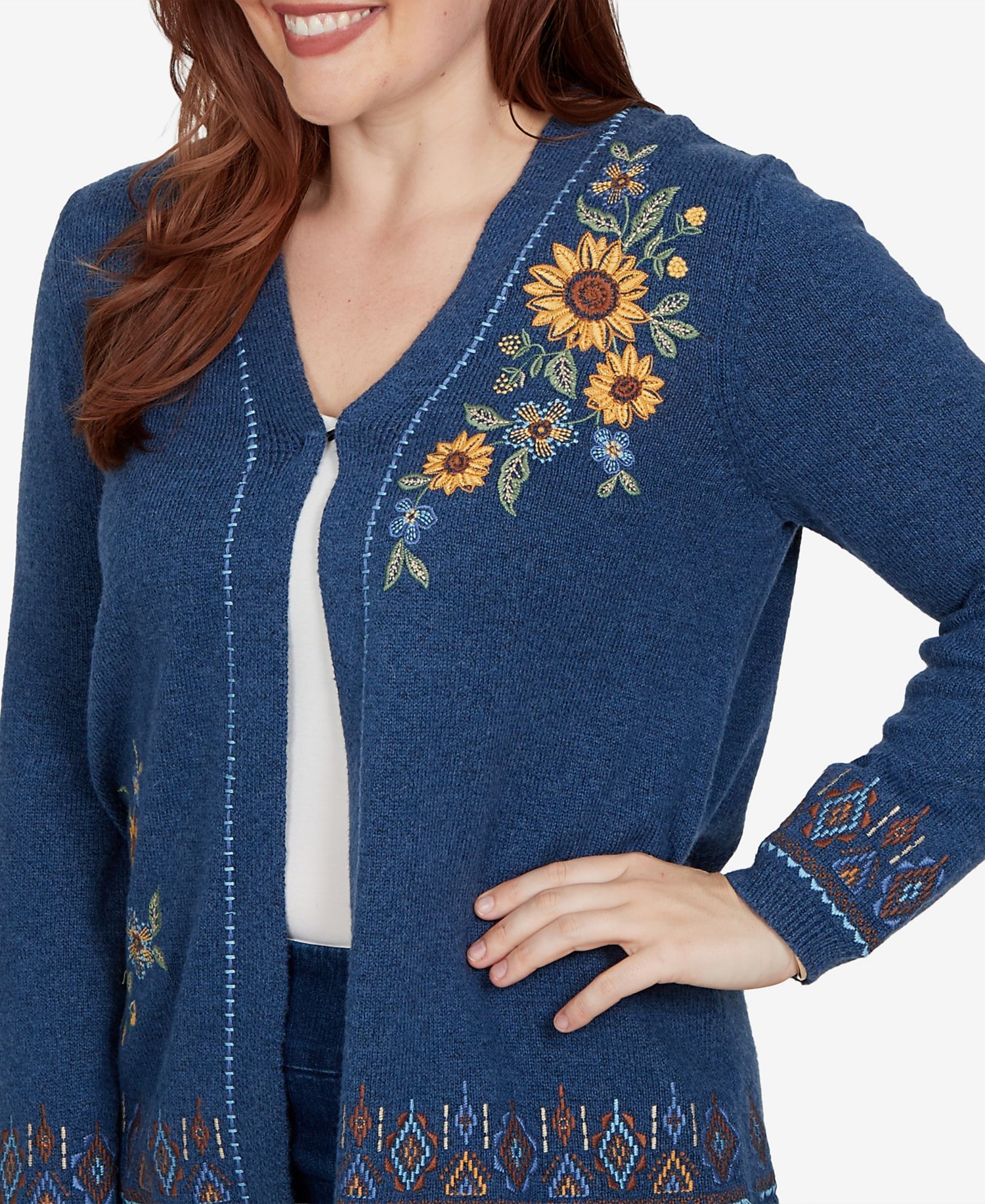 Women's Floral-Embroidery Long-Sleeve V-Neck Cardigan