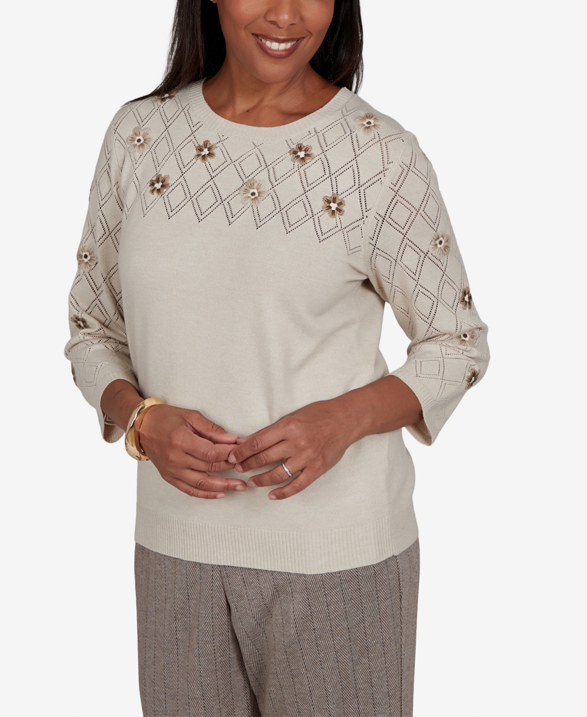 Alfred Dunner Women's 3/4-Sleeve Pointelle Diamond-Pattern Floral-Embellished Sweater