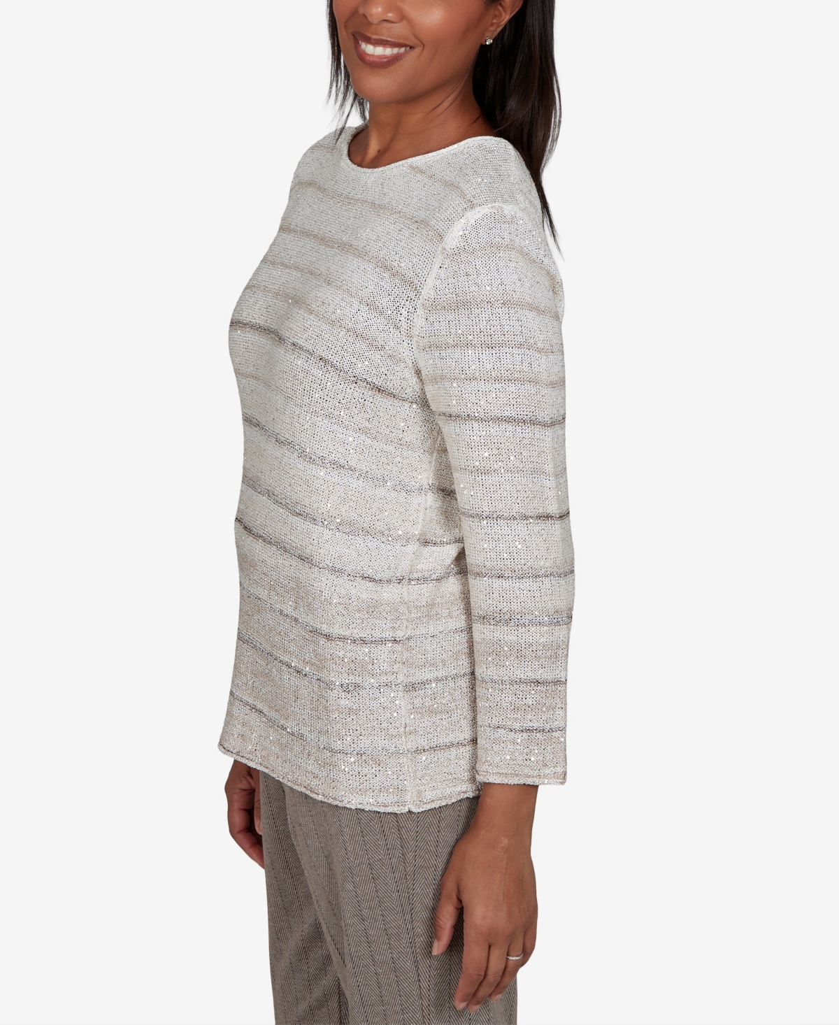 Alfred Dunner Women's Crewneck Striped 3/4-Sleeve Pullover Sweater