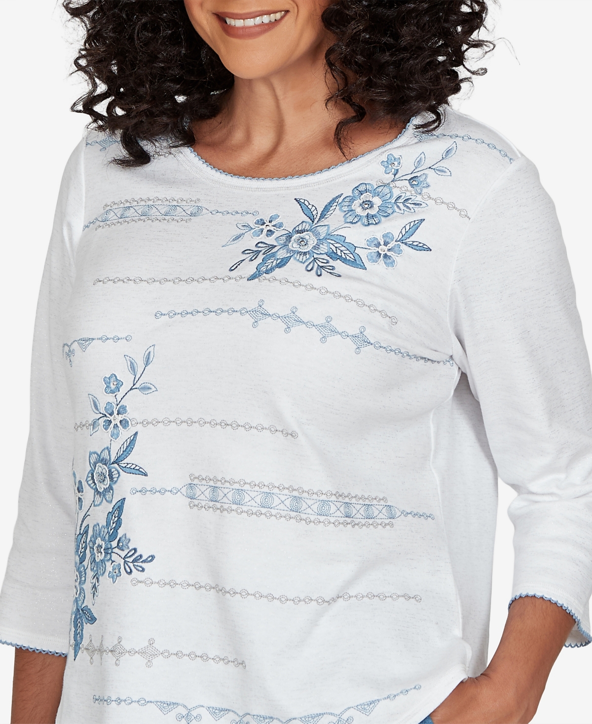 Alfred Dunner Women's Knit 3/4-Sleeve Crewneck Floral-Embroidered T-Shirt