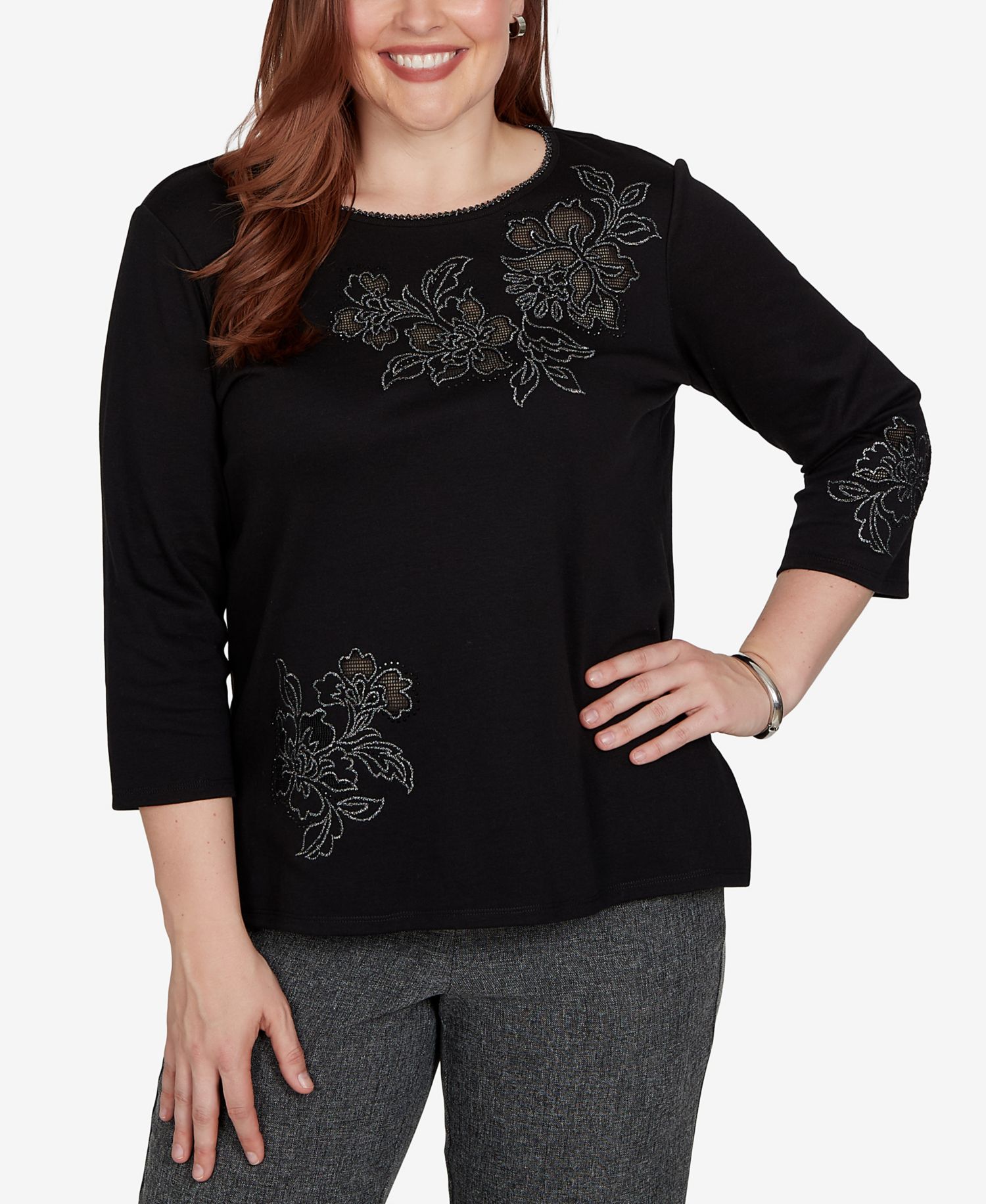 Women's 3/4-Sleeve Crewneck Floral Cotton-Blend Top