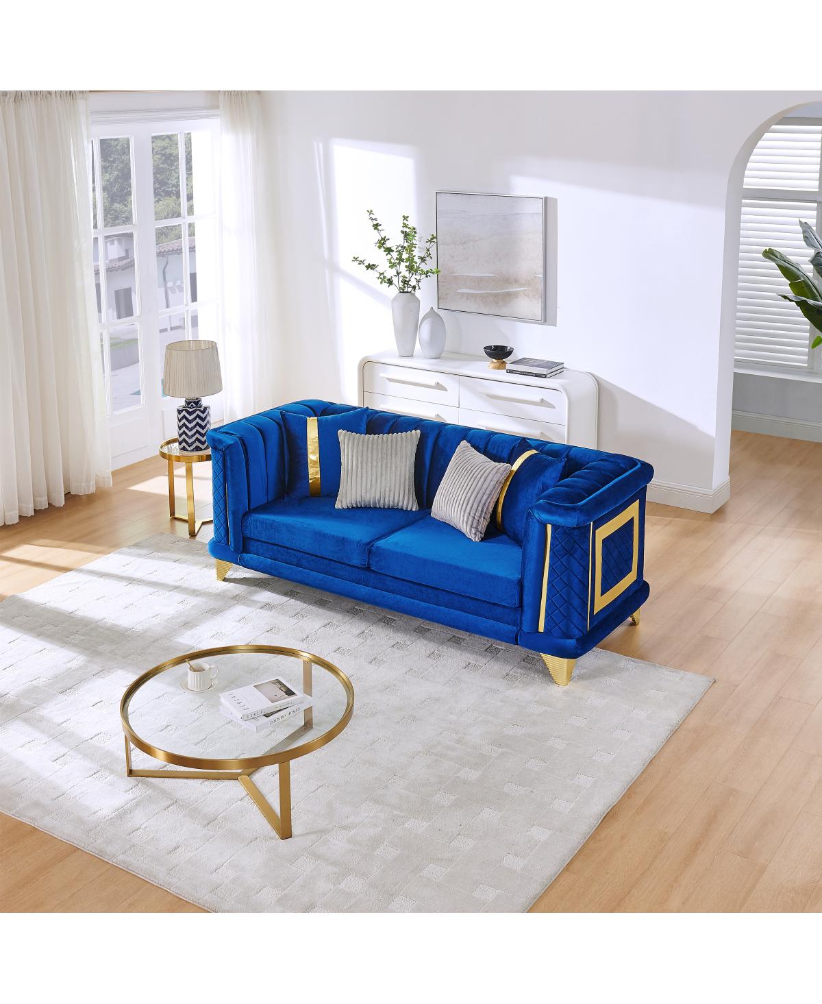Streamdale Furniture Velvet 3-Seater Luxury Sofa with Gold Trims and Pillows