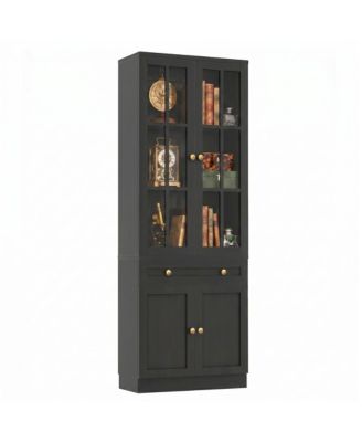80" Wood Bookcase with Glass Doors and Drawers for Living Room