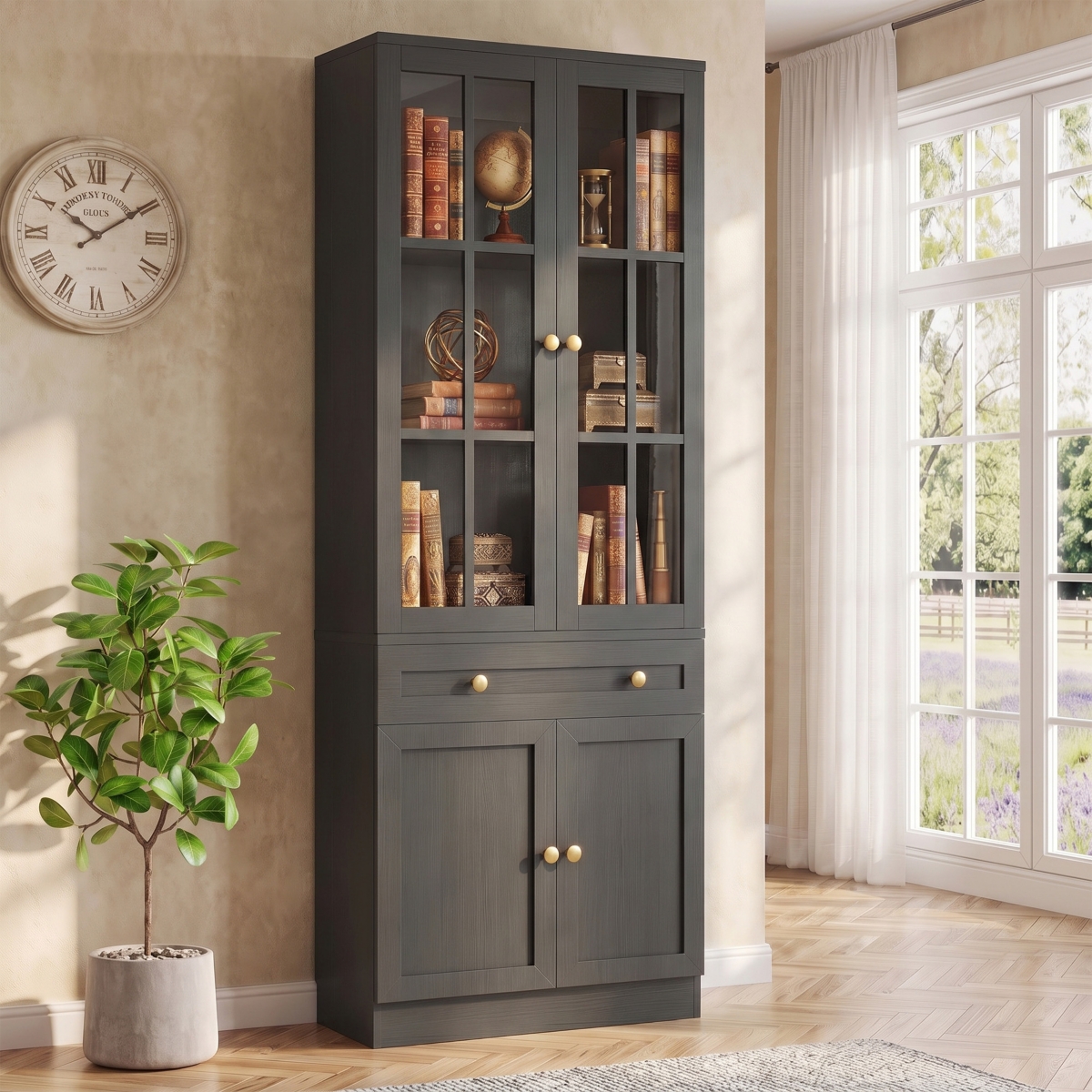 Aheaplus 80" Wood Bookcase with Glass Doors and Drawers for Living Room