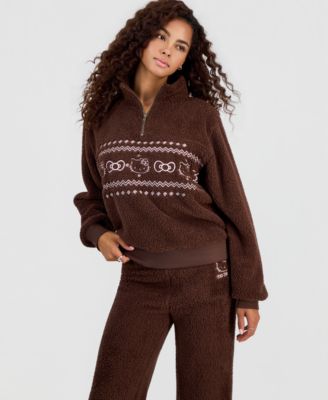 Juniors' Hello Kitty Quarter-Zip Mock Neck Sherpa Pullover