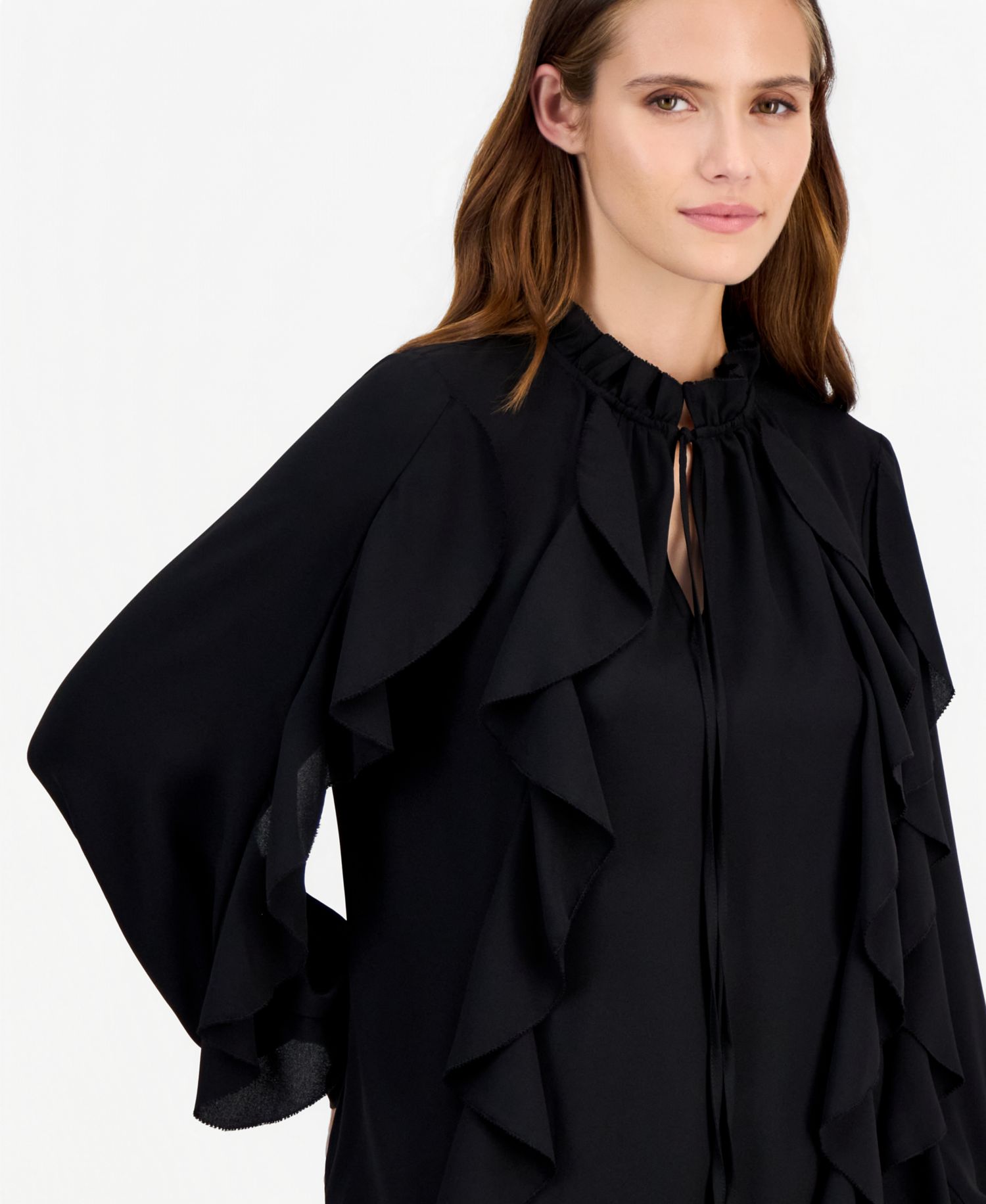 Petite Long-Sleeve Keyhole-Neck Ruffle Blouse