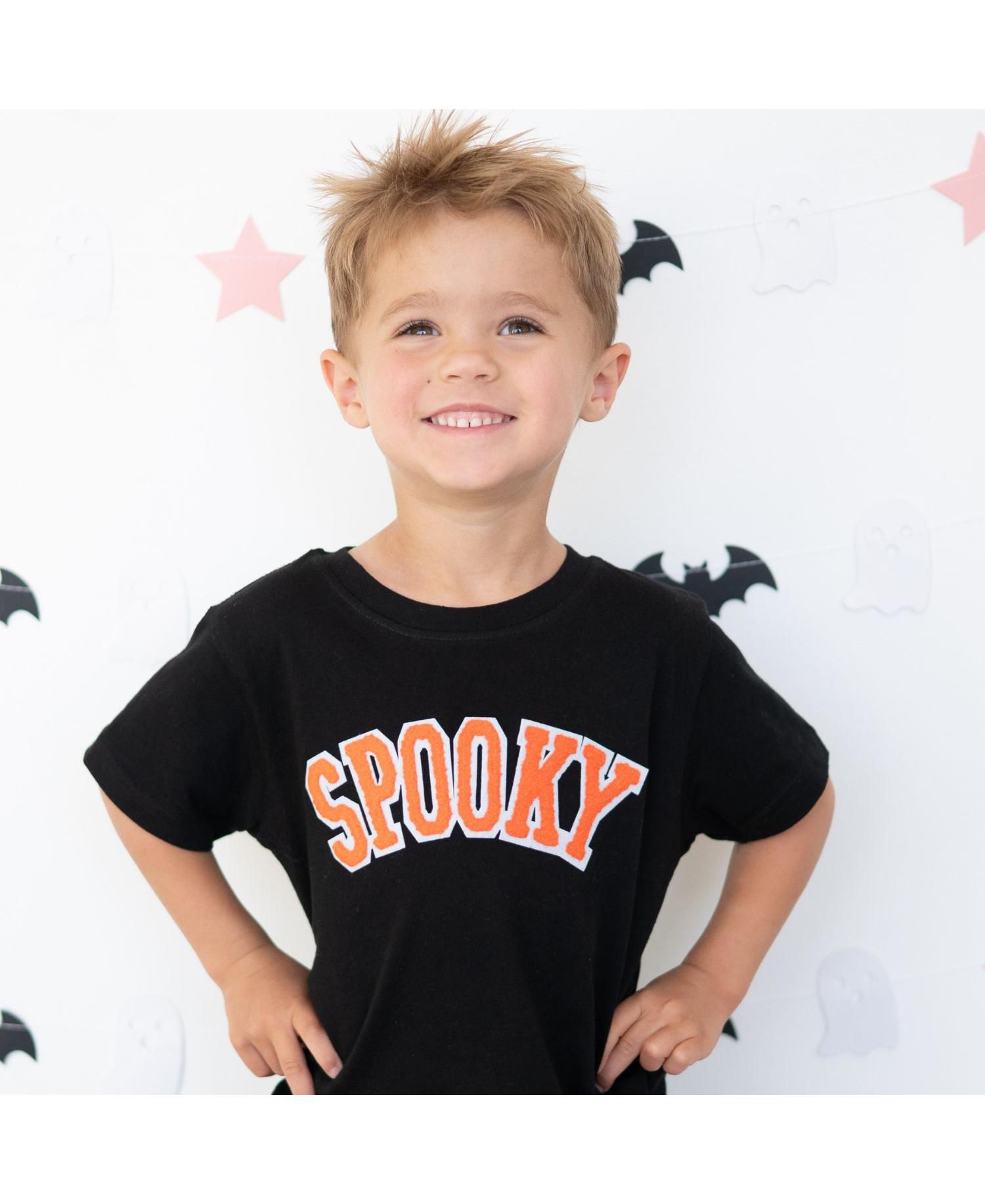 Little Boys Spooky Orange Patch Halloween Short Sleeve T-Shirt