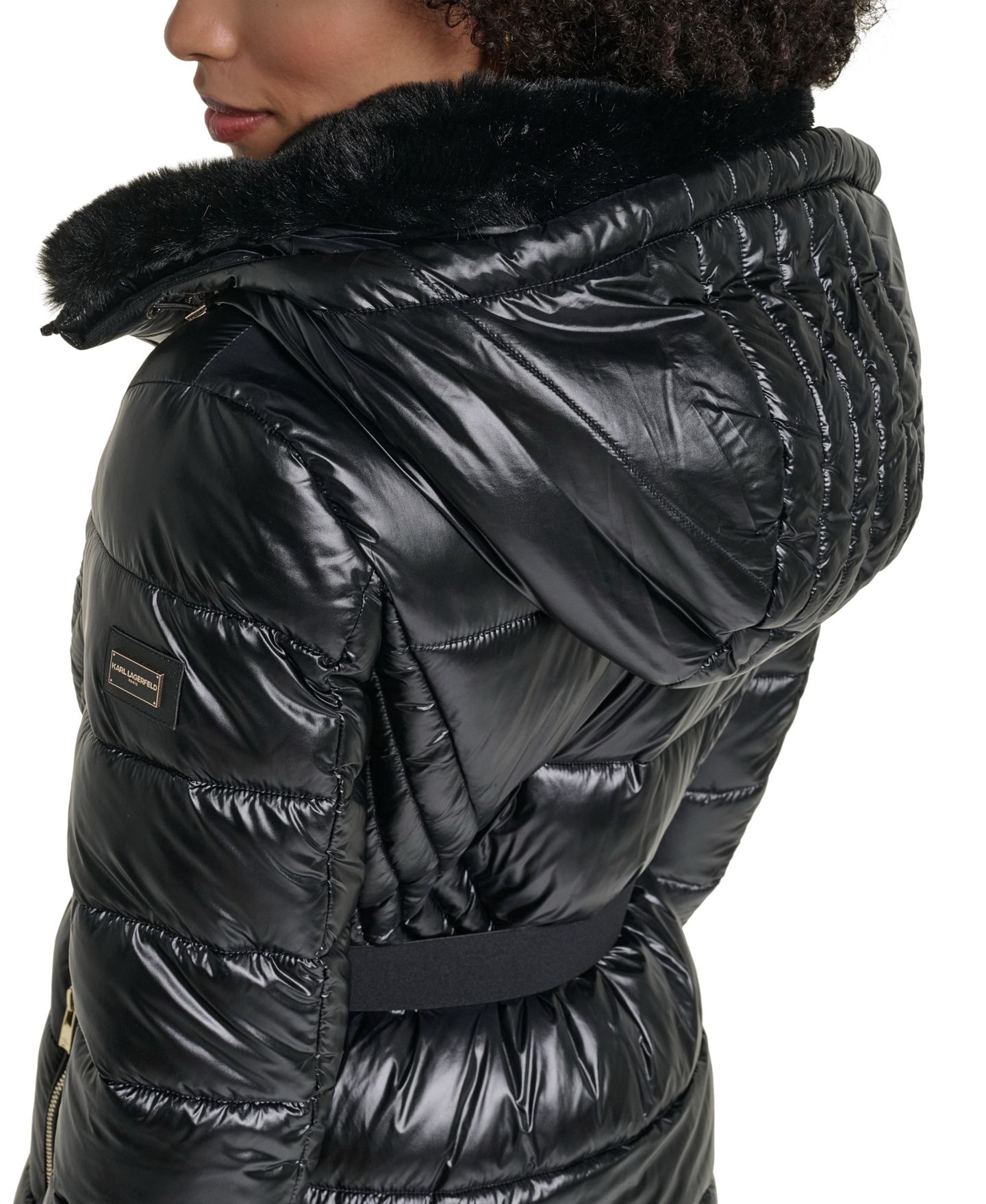 Женская куртка KARL LAGERFELD PARIS Hooded Belted Faux-Fur Collar Puffer Coat, Created for Macy's, цвет: Чёрный — фото 8