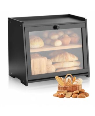 Double Layer Bamboo Bread Box with Acrylic Wave Door and Adjustable Middle Shelf