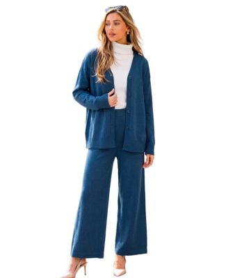 Women's V-Neck Knit Wide-Leg Cardigan and Pants, 2-Piece Set