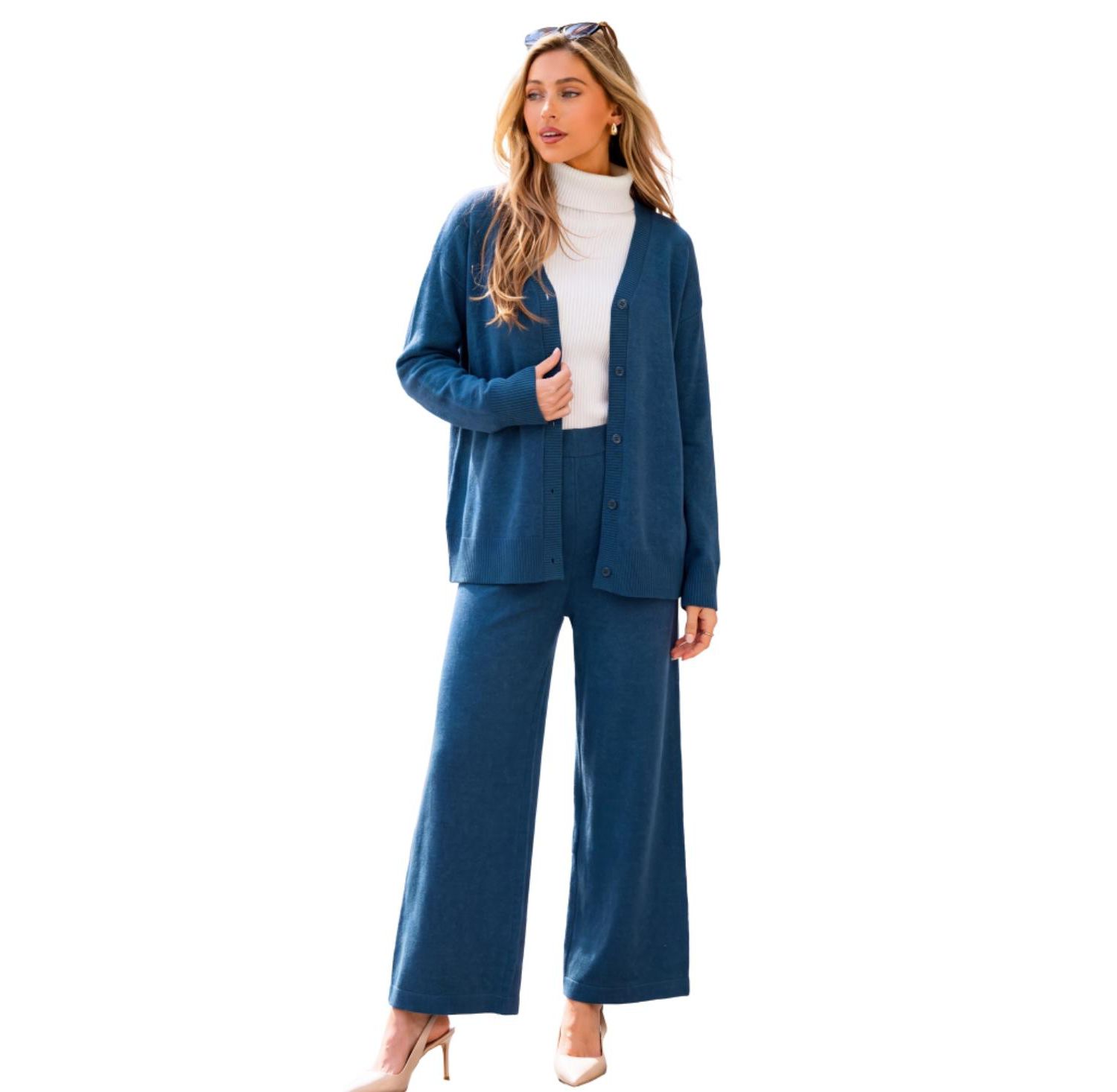 Women's V-Neck Knit Wide-Leg Cardigan and Pants, 2-Piece Set