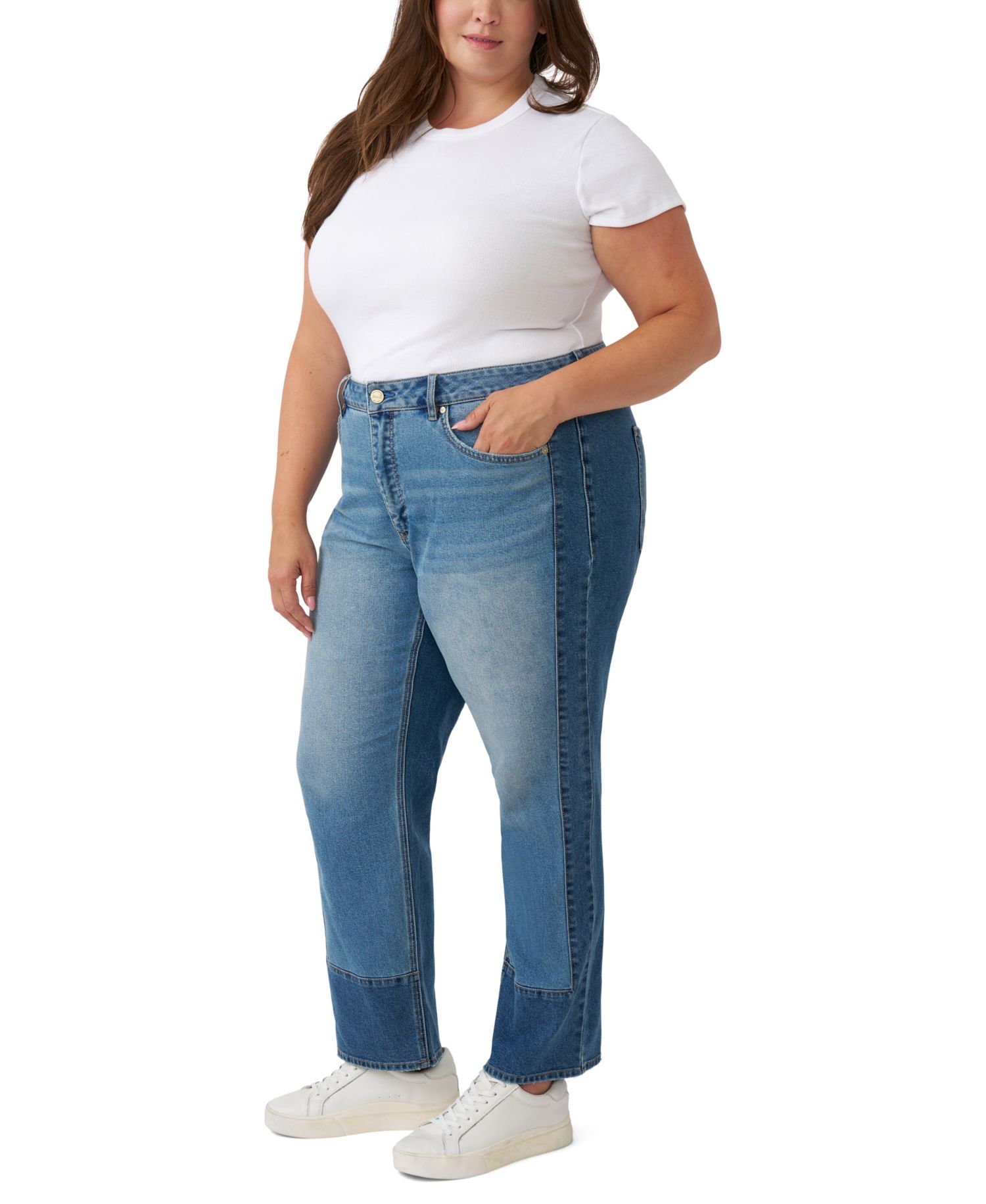 Plus Size Pieced Straight High-Rise Colorblock Jeans