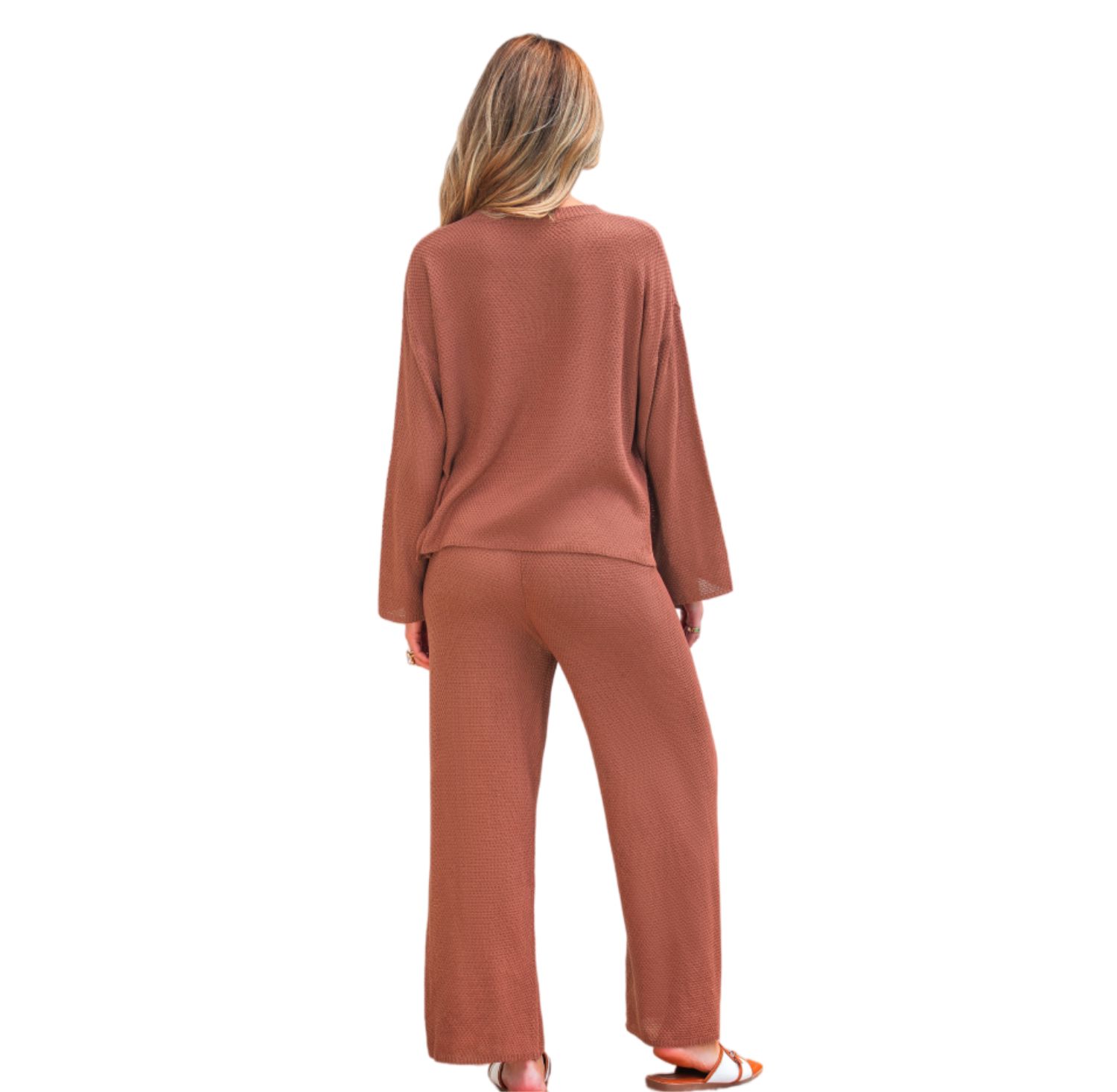 Women's Waffle-Knit Henley Top and Wide-Leg Pants Set