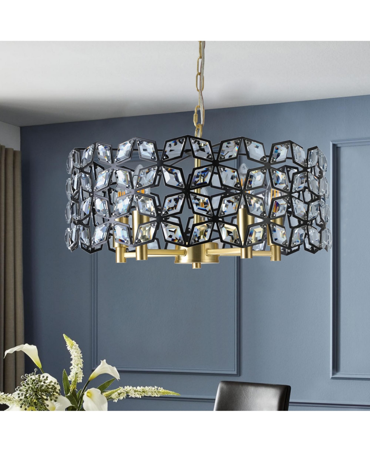 Clihome 19" Crystal Gold Pendant Chandelier, Geometric Modern 5-Light Fixture (Bulb Not Included)