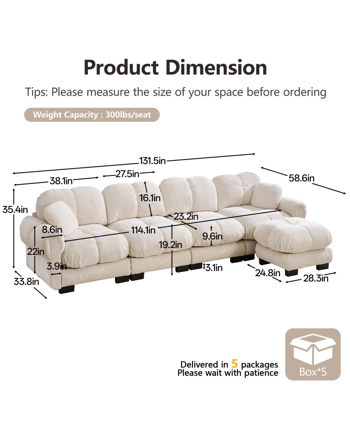 Boyel Living Oversize Chenille L-Shaped Sofa Deep Seat Couch with Movable Ottoman Exquisite Pillows and Quilted Back Cushions