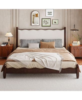 Wood Platform Bed with Upholstered Headboard