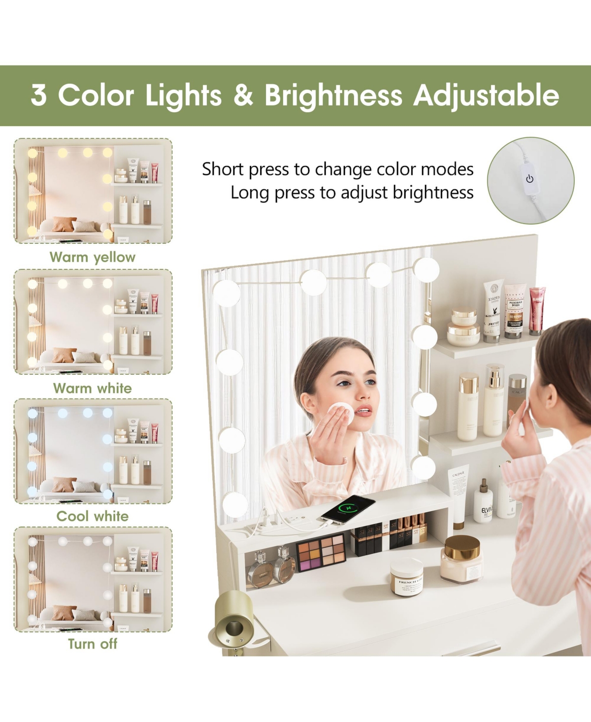Vabches Makeup Vanity Desk with Lighted Mirror and Charging Station, Storage Chair + Drawer for Bedroom