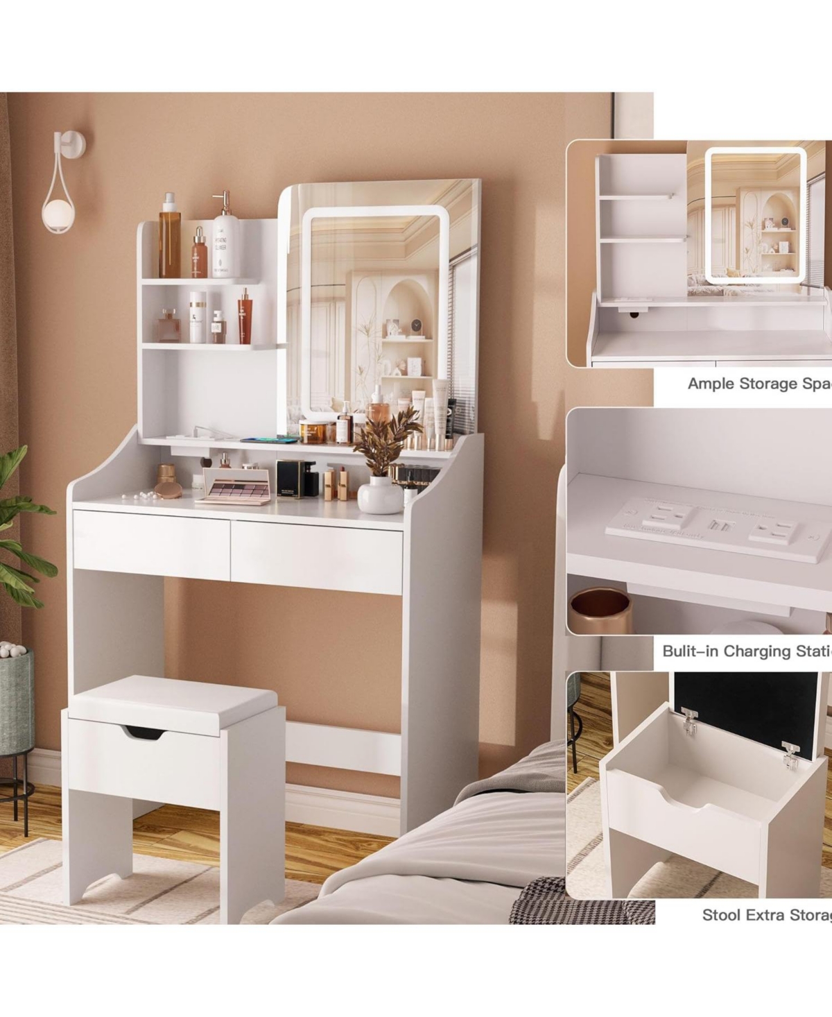 Vabches Vanity Desk with Led Mirror and Charging Station, Makeup Table with Storage Stool