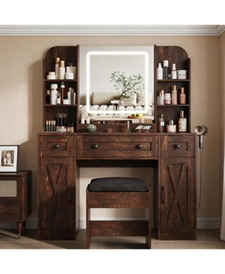 Vanity Desk with Lighted Mirror and Stool, Makeup Table with 3 Drawers + 2 Cabinets and Charging Station
