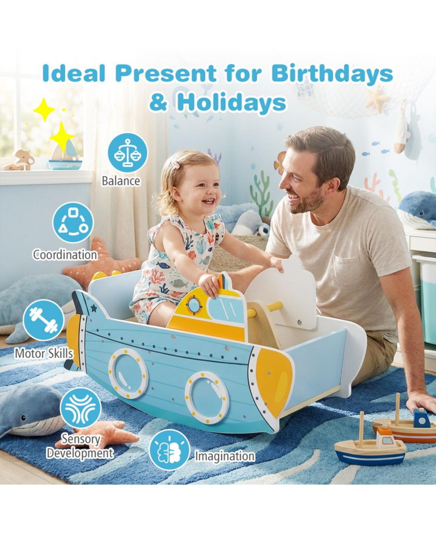 Детская игрушка SUGIFT Wooden Rocking Climber with Rotating Propeller, 45 lb Capacity, Ages 1+, цвет: Синий — фото 6