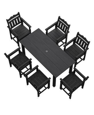 7 Piece Outdoor Dining Set Rectangular Patio Table Chairs HIPS Weather Resistant with Umbrella Hole