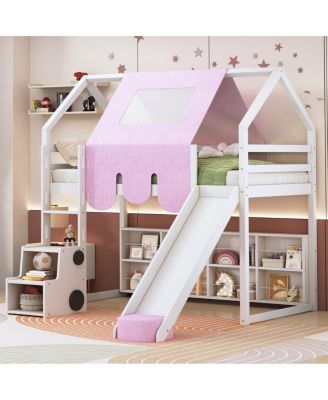 Wooden Loft Bed House with Tent