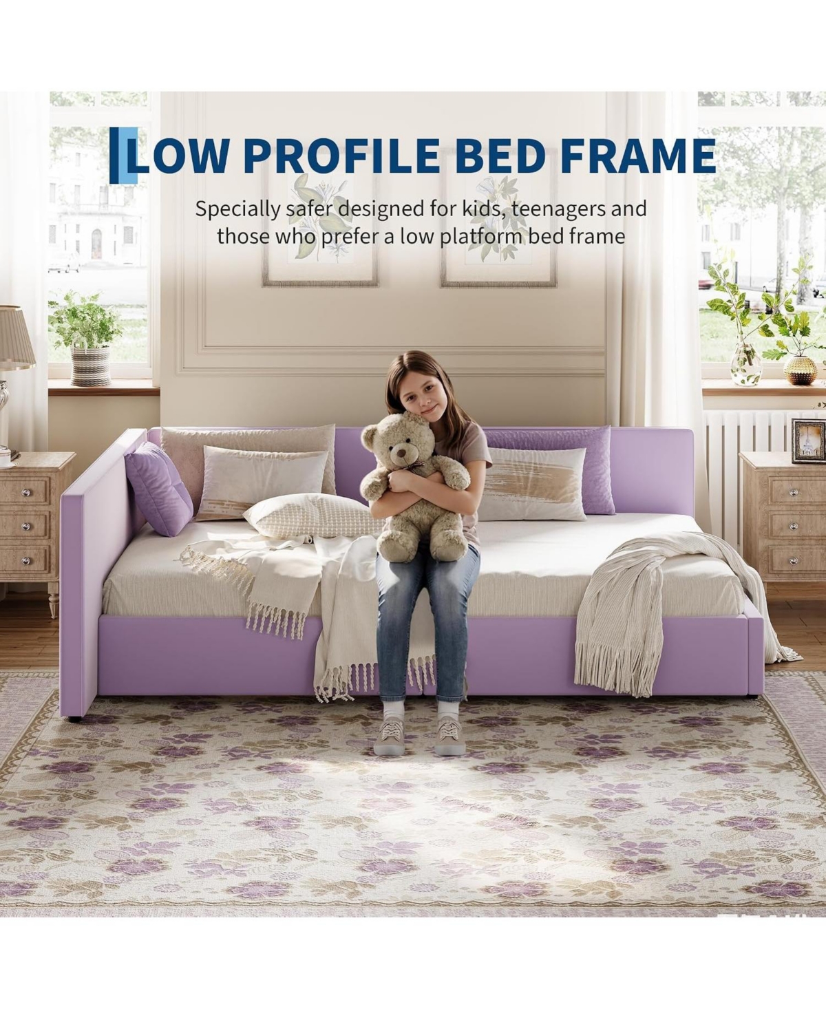 gaomon Twin Daybed with Extended Headboard, Corner Bed Frame with Bed Rails, Velvet Upholstered Sofa Bed with Guardrail for Bedroom, Guest Room